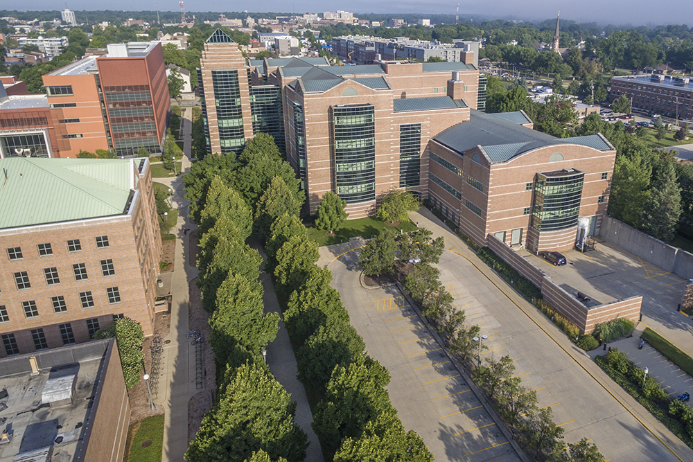 An aerial view of the east side of the Beckman Institute at the University of Illinois at Urbana-Champaign (UIUC)