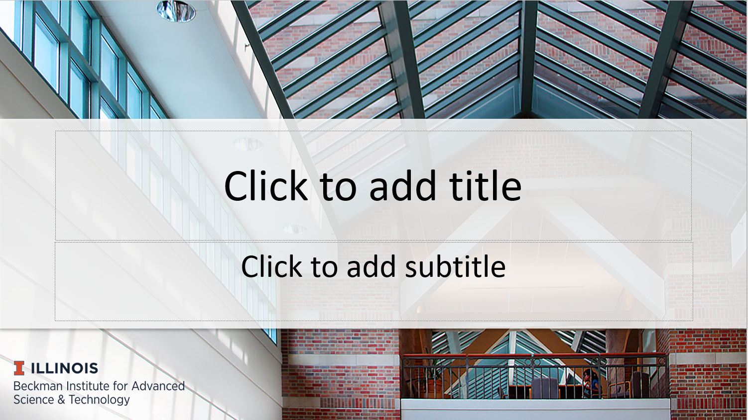 A screenshot of the Beckman PowerPoint template. It has the Beckman wordmark at the bottom left, a background photo of the atrium, and the words "Click to add title" and "Click to add subtitle."