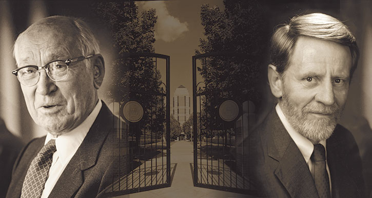 Collage image with a portrait of Arnold Beckman on the left, the opening gates of the Beckman Institute in the center, and a portrait of Ted Brown on the right.