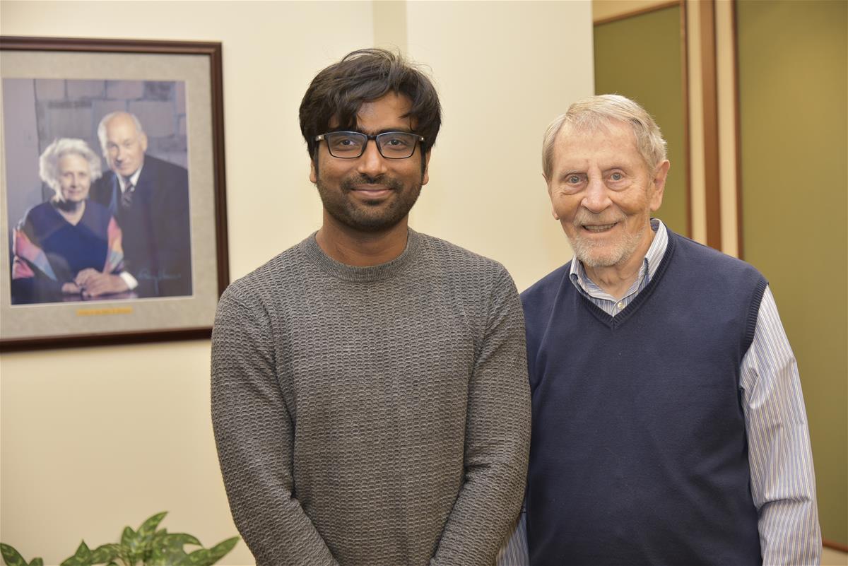 Arun Maji is this year's Beckman-Brown Postdoctoral Fellow. He is shown with Beckman Founding Director Ted Brown at the institute.